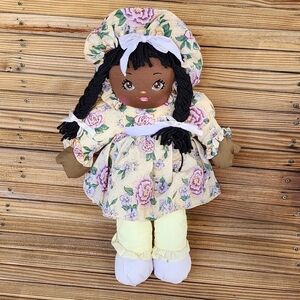 Vintage 1995 African American little girl plush doll floral dress